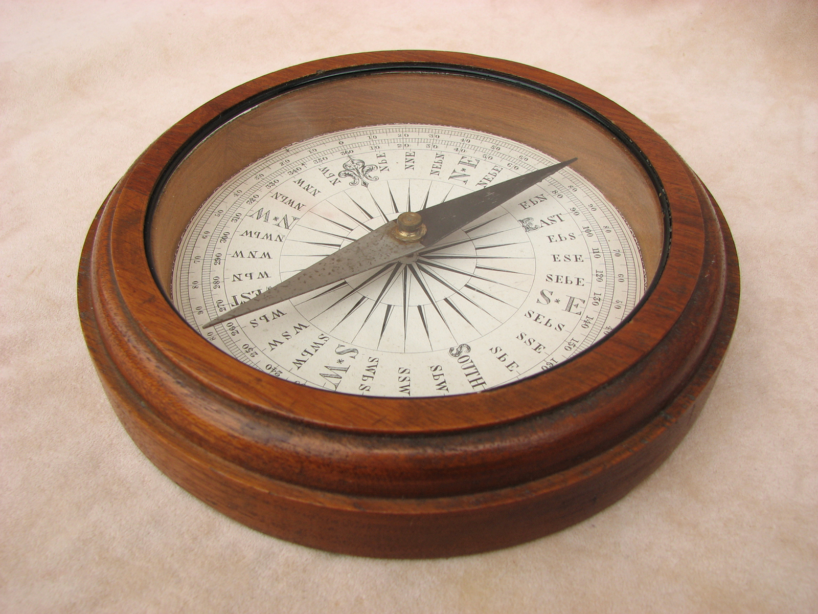 Francis Barker & Son mahogany desktop compass with Trademark London logo
